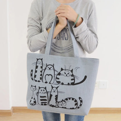 Cartoon Cats Printed Beach Zipper Bag Women Fashion Canvas Tote Shopping Handbags